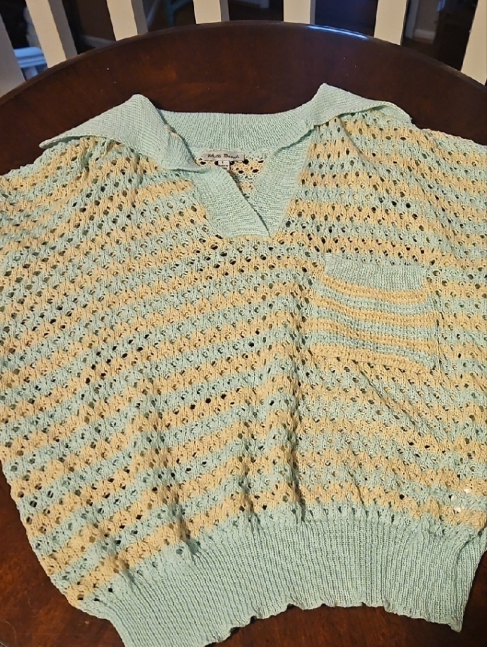 white birch Mint and Cream Open-Knit Short Sleeve Sweater